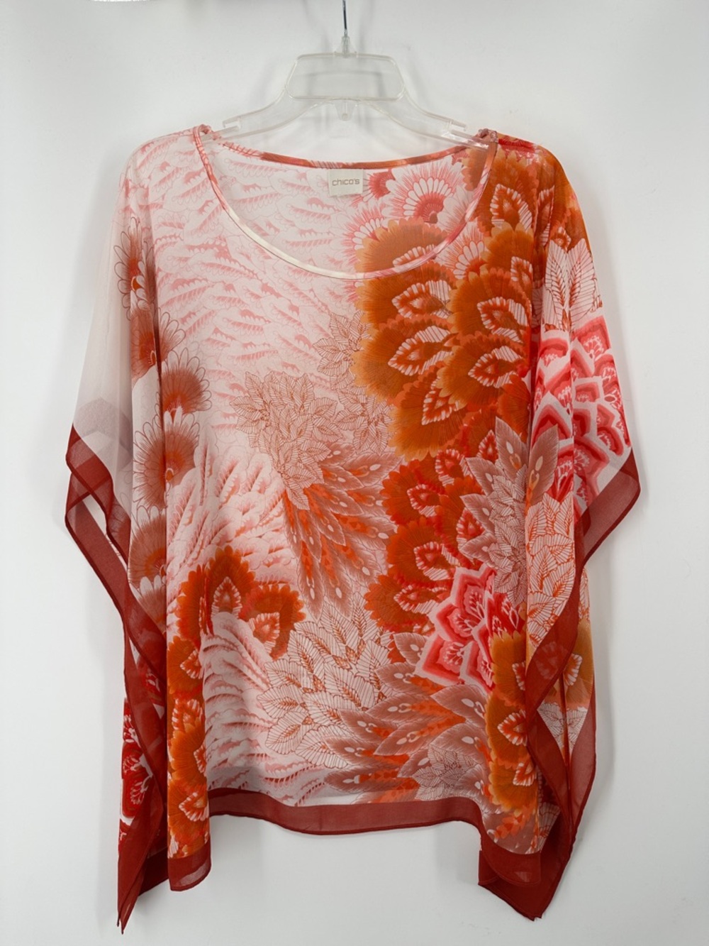 Chico's Coral and Rust Floral Sheer Poncho One Size S M L XL